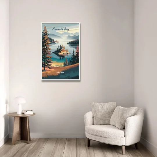 Lake Tahoe Emerald Bay View - White Framed Canvas Wall Art - Sofa - 24x36