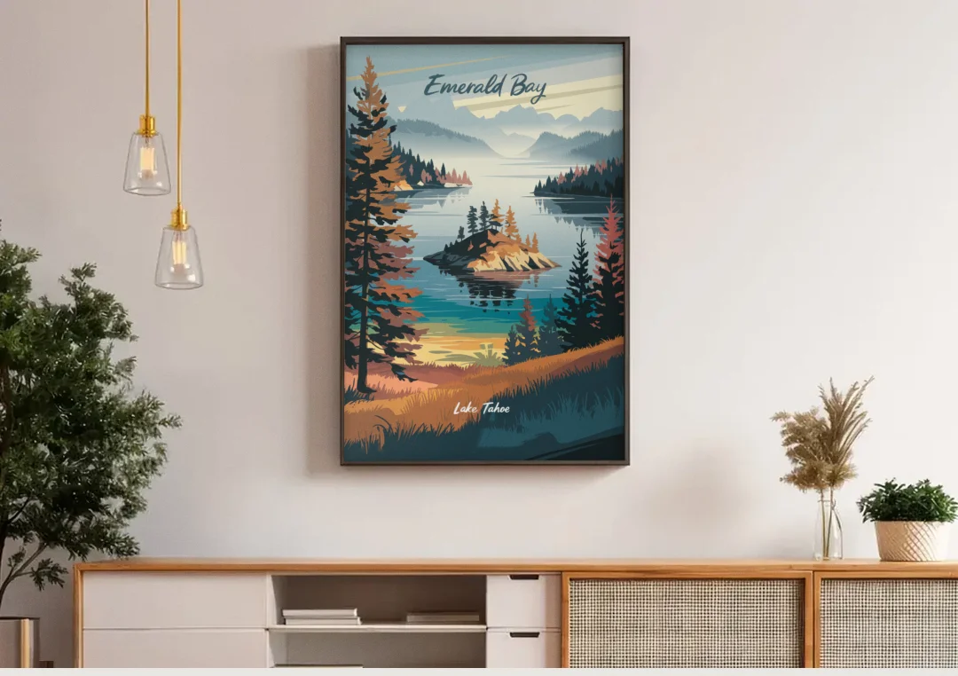 Lake Tahoe Emerald Bay View canvas wall art above a wooden sideboard under pendant lights