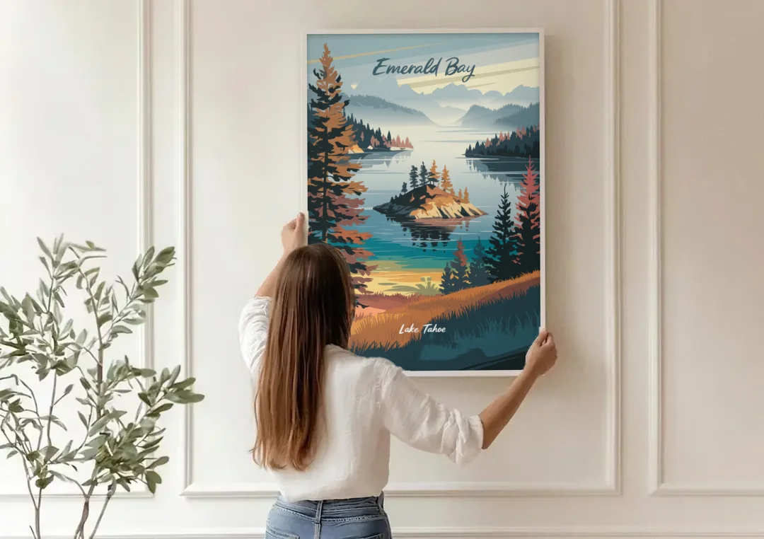 Lake Tahoe Emerald Bay View canvas wall art being hung on a paneled wall