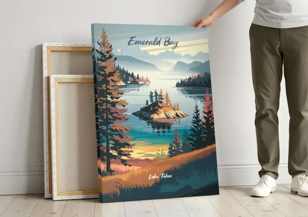 Lake Tahoe Emerald Bay View canvas wall art leaning against a wall next to blank canvases