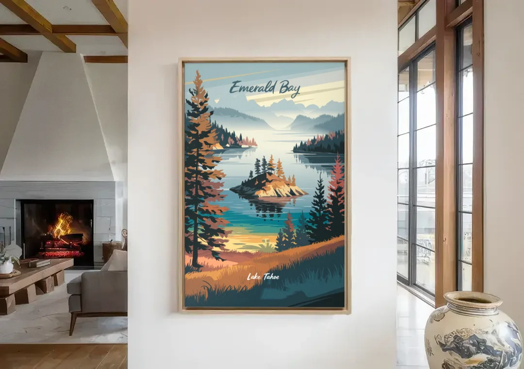 Lake Tahoe Emerald Bay View canvas wall art in a living room with a fireplace