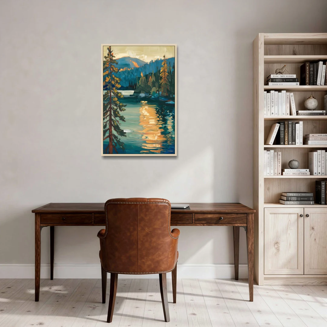 Lake Tahoe Forest Horizon - Oak Framed Canvas Wall Art - Office - 24x36