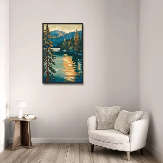 Lake Tahoe Forest Horizon - Black Framed Canvas Wall Art - Sofa - 24x36