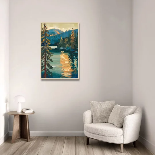 Lake Tahoe Forest Horizon - Oak Framed Canvas Wall Art - Sofa - 24x36