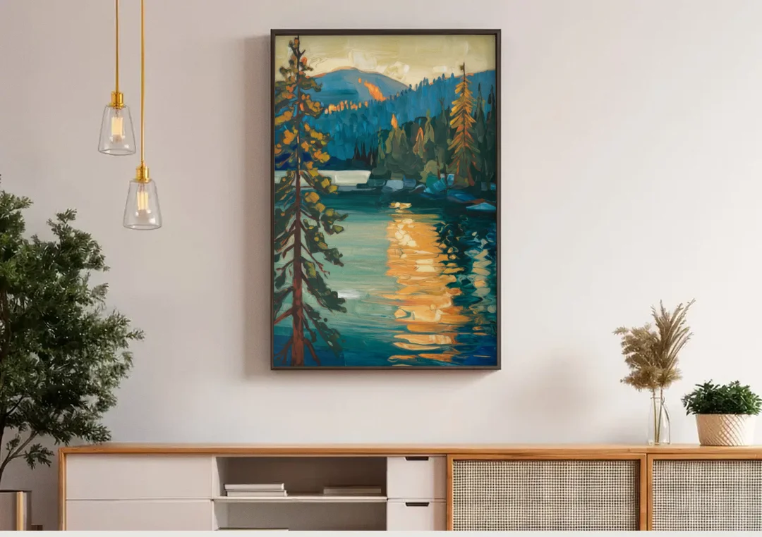 Lake Tahoe Forest Horizon canvas wall art above a wooden sideboard under pendant lights