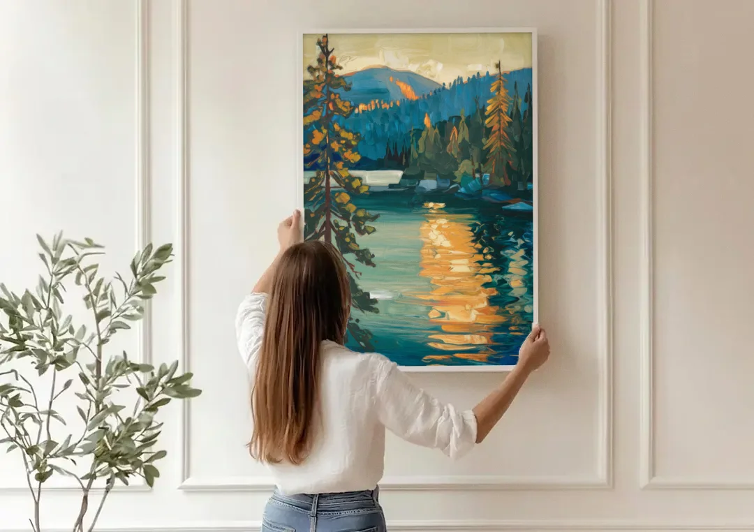 Lake Tahoe Forest Horizon canvas wall art being hung on a paneled wall
