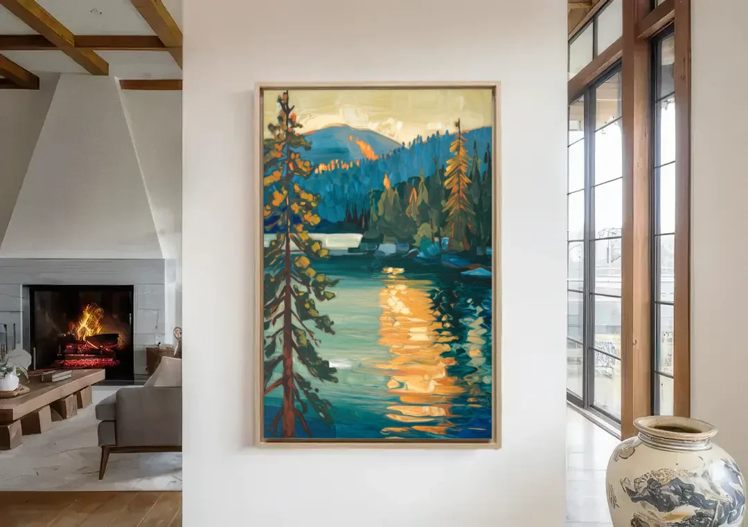 Lake Tahoe Forest Horizon canvas wall art in a living room with a fireplace