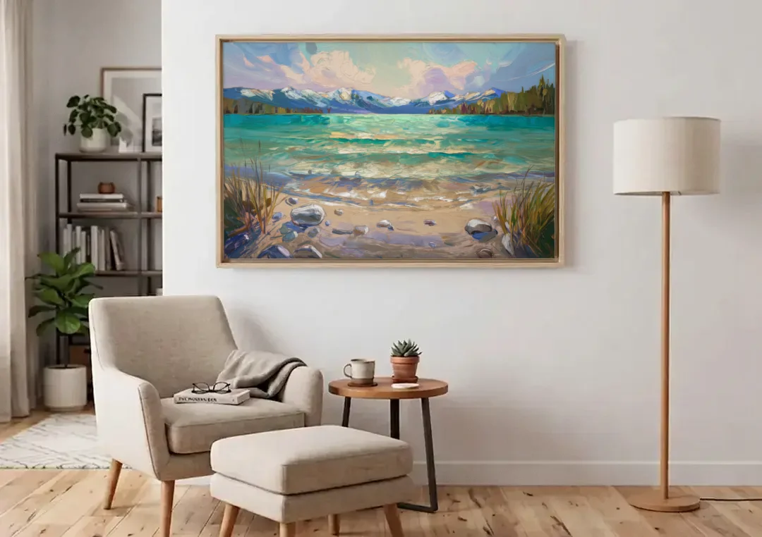 Lake Tahoe Mountain Serenity canvas wall art above an armchair in a bright living room