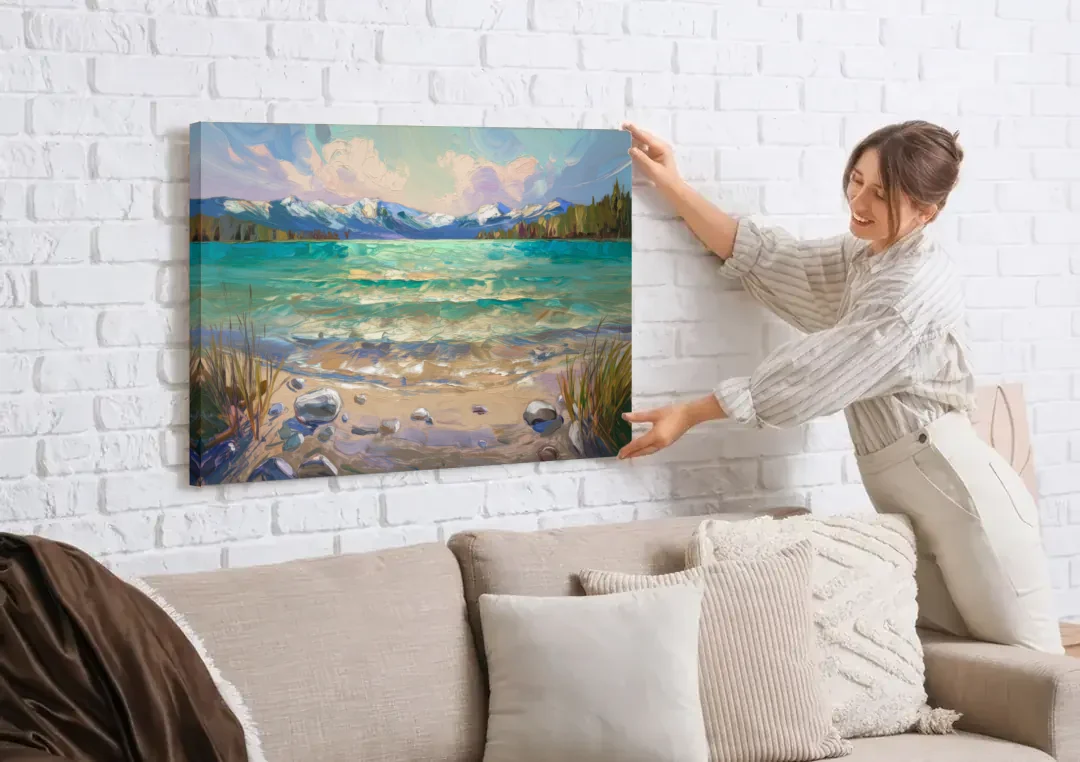 Lake Tahoe Mountain Serenity canvas wall art being hung on a white brick wall above a sofa