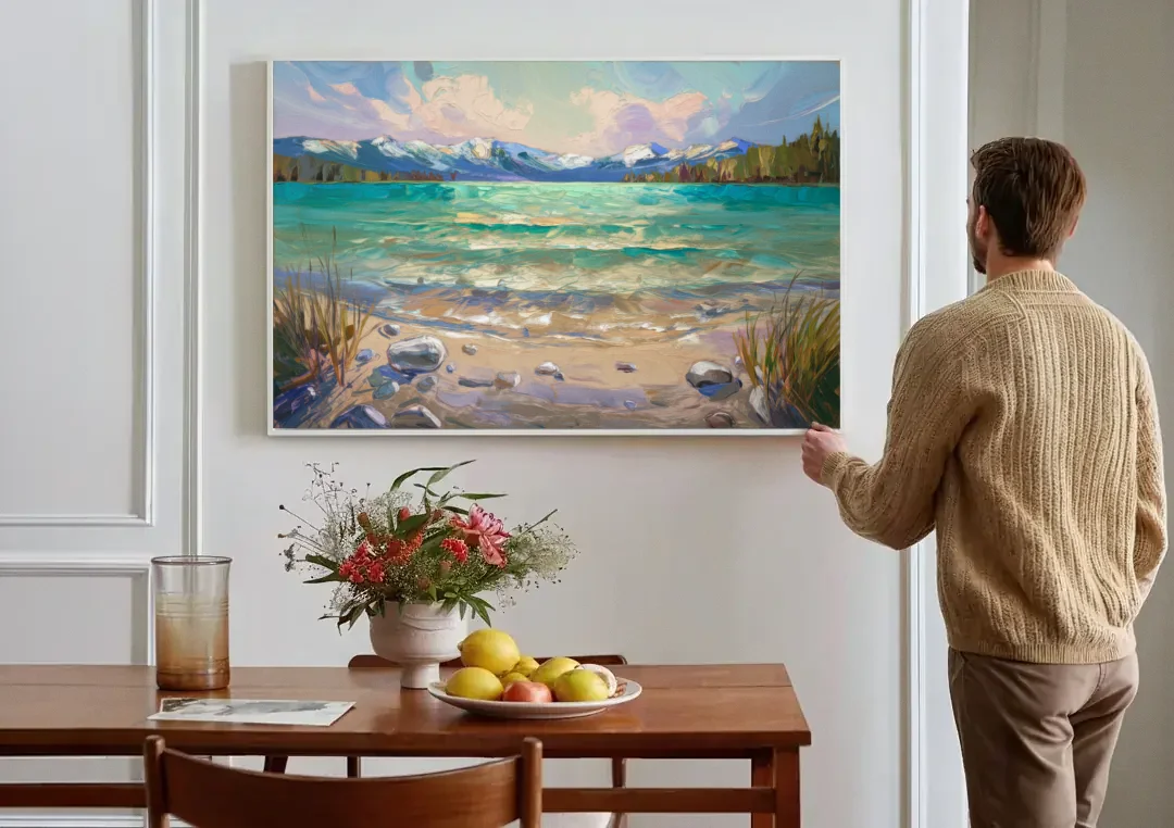 Lake Tahoe Mountain Serenity canvas wall art above a dining table