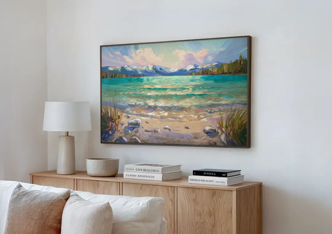 Lake Tahoe Mountain Serenity canvas wall art above a wooden sideboard next to a sofa