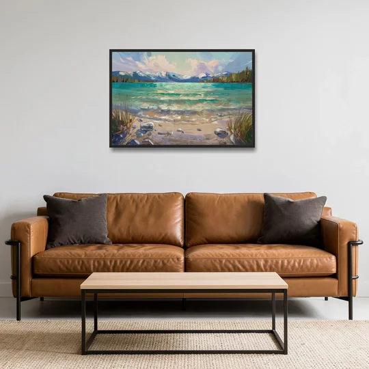 Lake Tahoe Mountain Serenity - Black Framed Canvas Wall Art - Sofa - 36x24