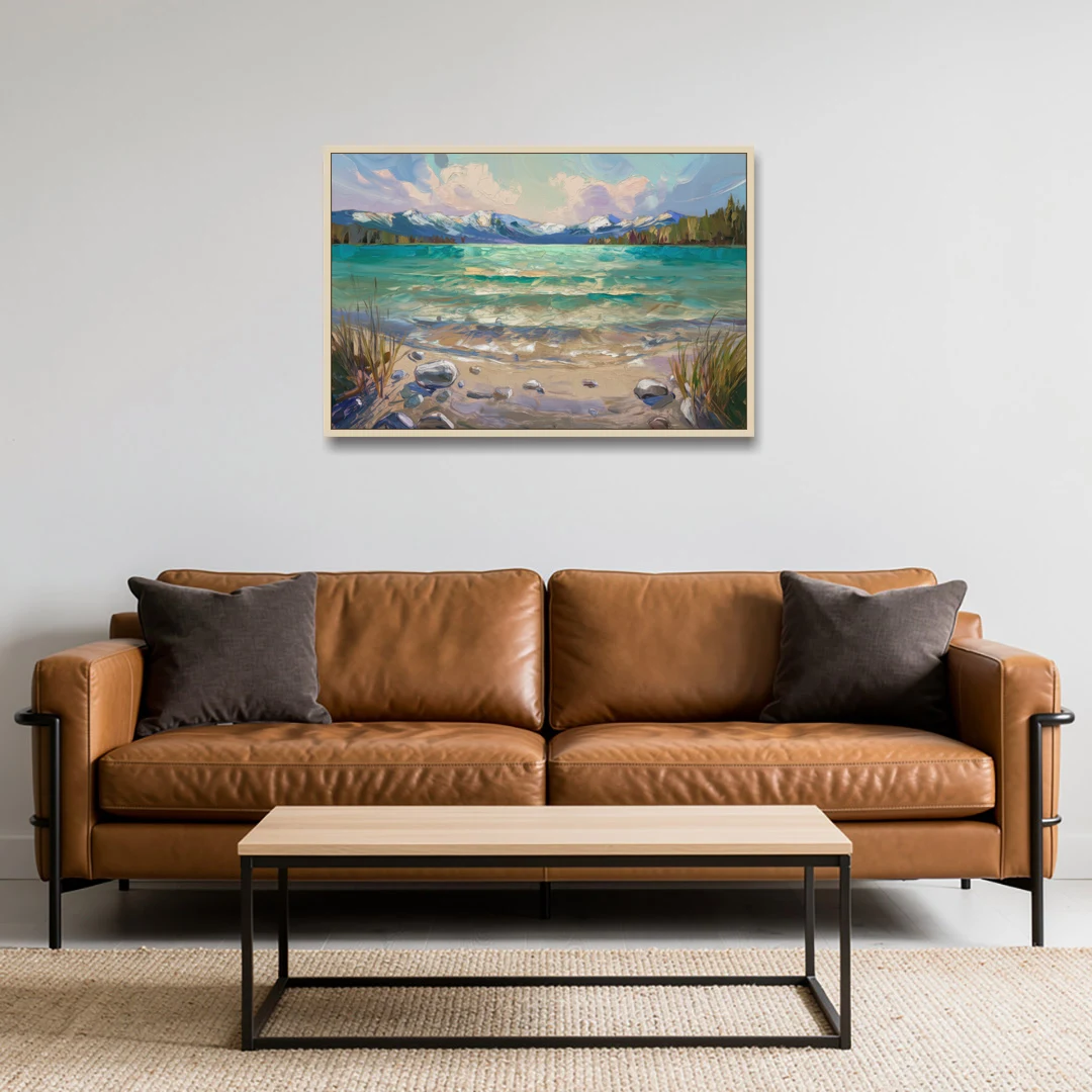 Lake Tahoe Mountain Serenity - Oak Framed Canvas Wall Art - Sofa - 36x24