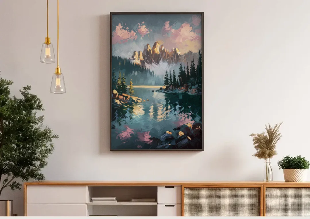 Lake Tahoe Snowy Peaks canvas wall art above a wooden sideboard under pendant lights