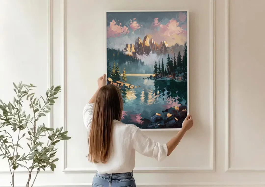 Lake Tahoe Snowy Peaks canvas wall art being hung on a paneled wall