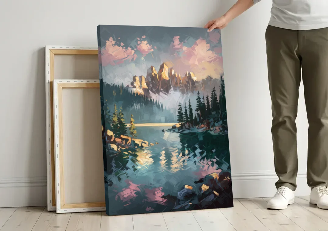 Lake Tahoe Snowy Peaks canvas wall art leaning against a wall next to blank canvases