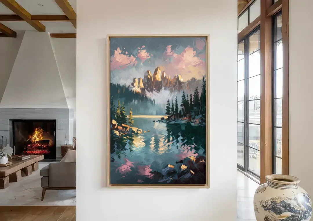 Lake Tahoe Snowy Peaks canvas wall art in a living room with a fireplace
