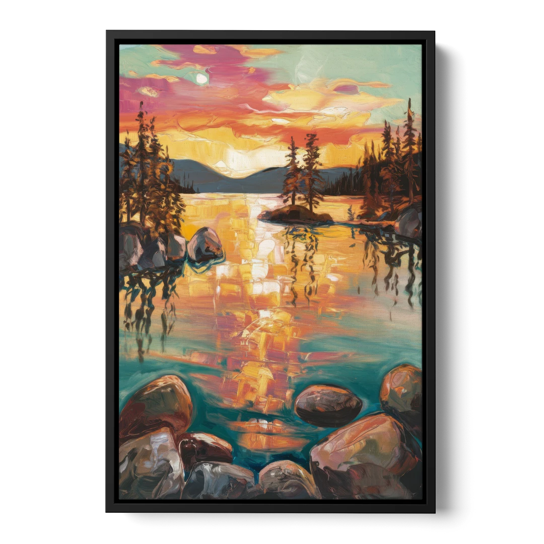 Lake Tahoe Sunset Reflections - Black Framed Canvas Wall Art - Front