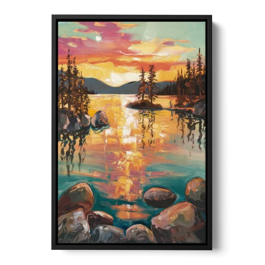 Lake Tahoe Sunset Reflections - Black Framed Canvas Wall Art - Front