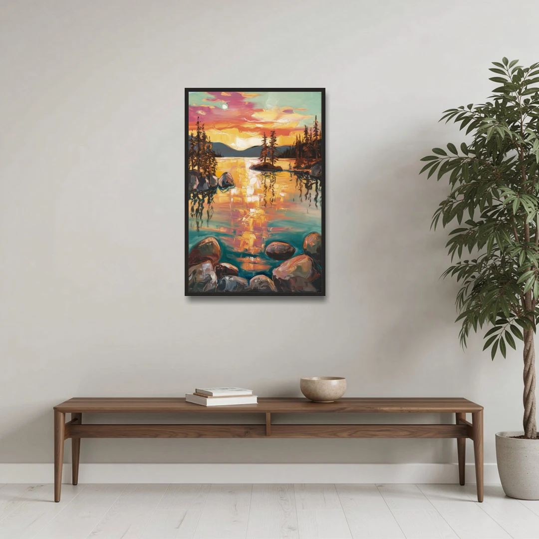 Lake Tahoe Sunset Reflections - Black Framed Canvas Wall Art - Coffee Table - 24x36