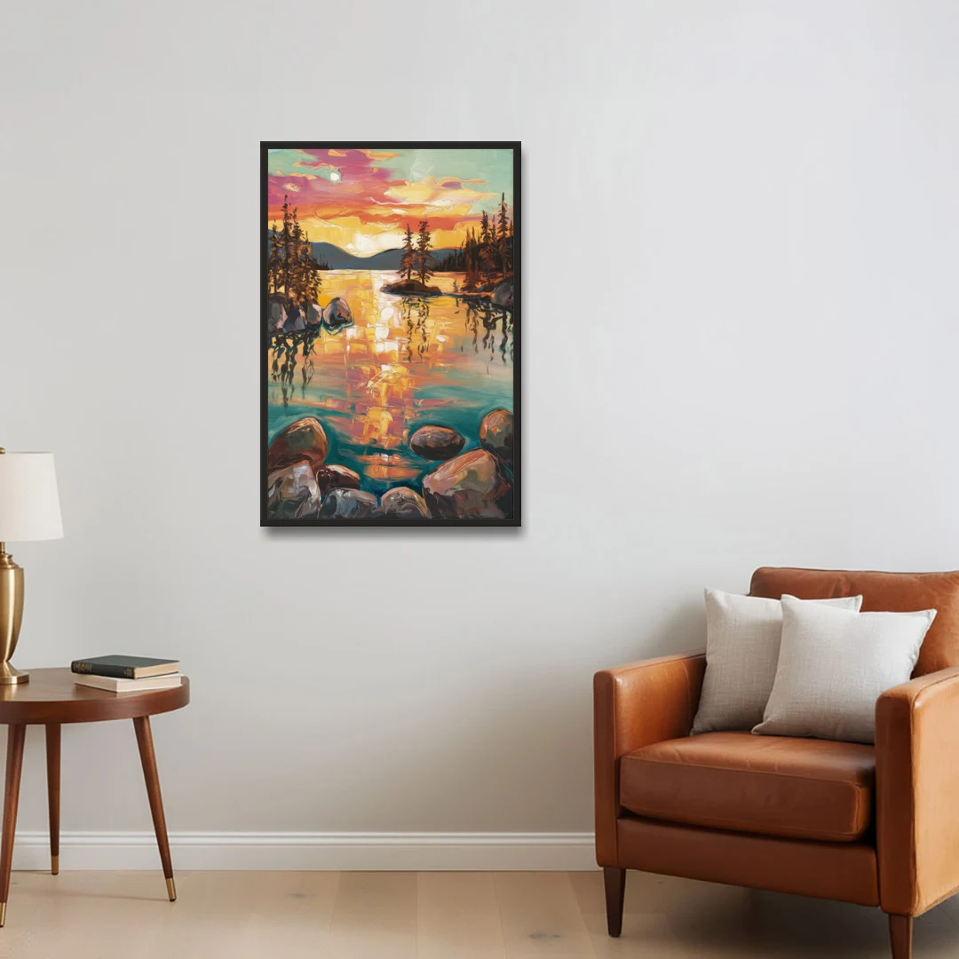 Lake Tahoe Sunset Reflections - Black Framed Canvas Wall Art - Sofa - 24x36