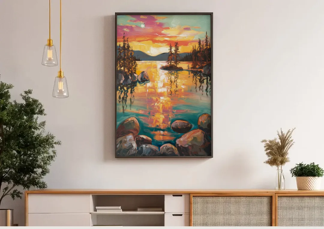Lake Tahoe Sunset Reflections canvas wall art above a wooden sideboard under pendant lights