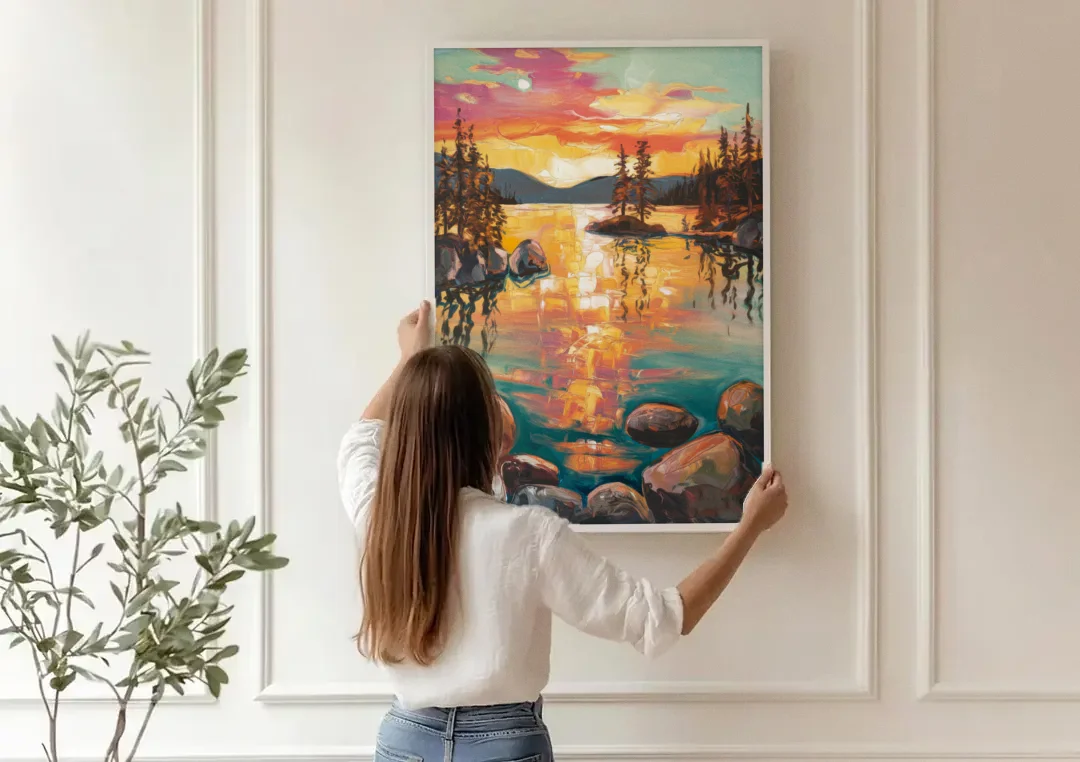 Lake Tahoe Sunset Reflections canvas wall art being hung on a paneled wall