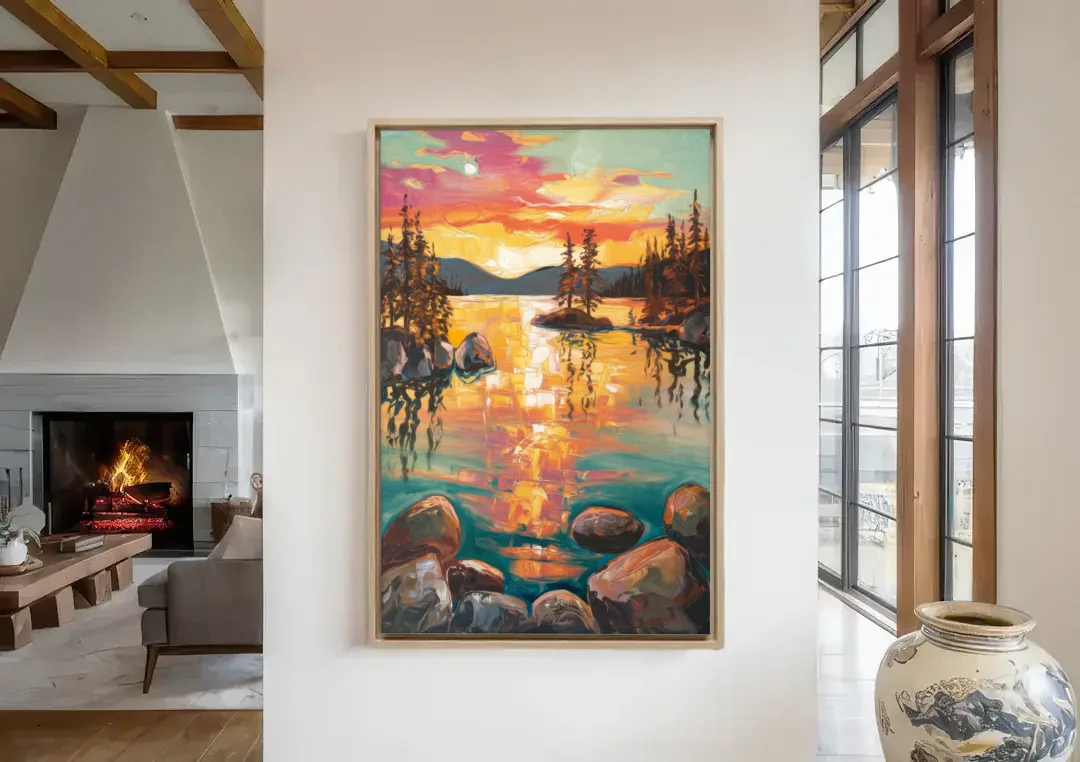 Lake Tahoe Sunset Reflections canvas wall art in a living room with a fireplace