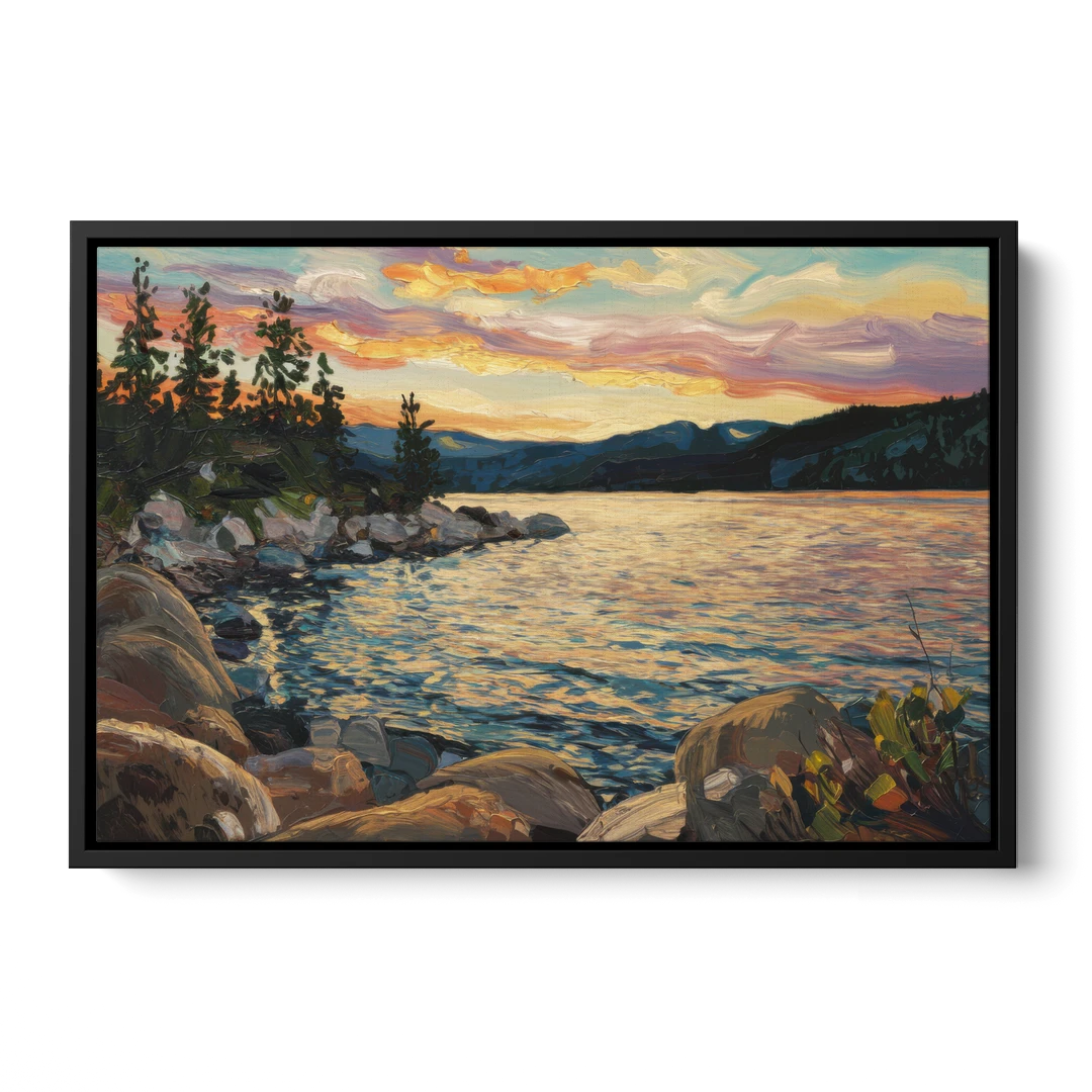 Lake Tahoe Sunset Reflections Serenity - Black Framed Canvas Wall Art - Front