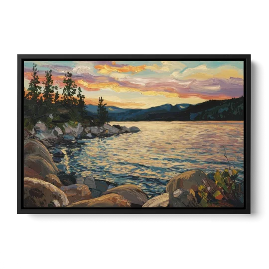 Lake Tahoe Sunset Reflections Serenity - Black Framed Canvas Wall Art - Front