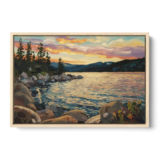 Lake Tahoe Sunset Reflections Serenity - Oak Framed Canvas Wall Art - Front