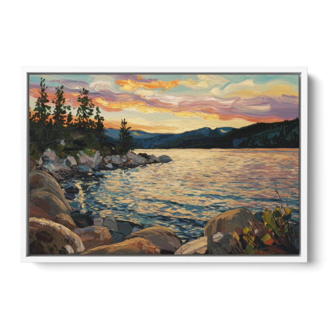 Lake Tahoe Sunset Reflections Serenity - White Framed Canvas Wall Art - Front