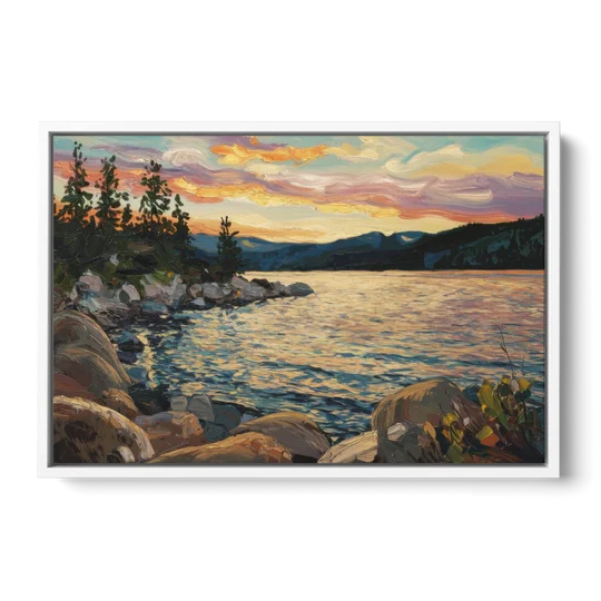 Lake Tahoe Sunset Reflections Serenity - White Framed Canvas Wall Art - Front