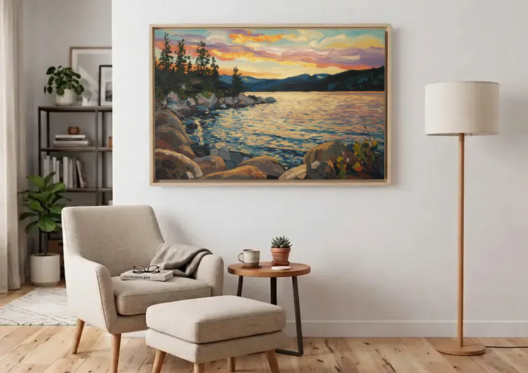 Lake Tahoe Sunset Reflections Serenity canvas wall art above an armchair in a bright living room