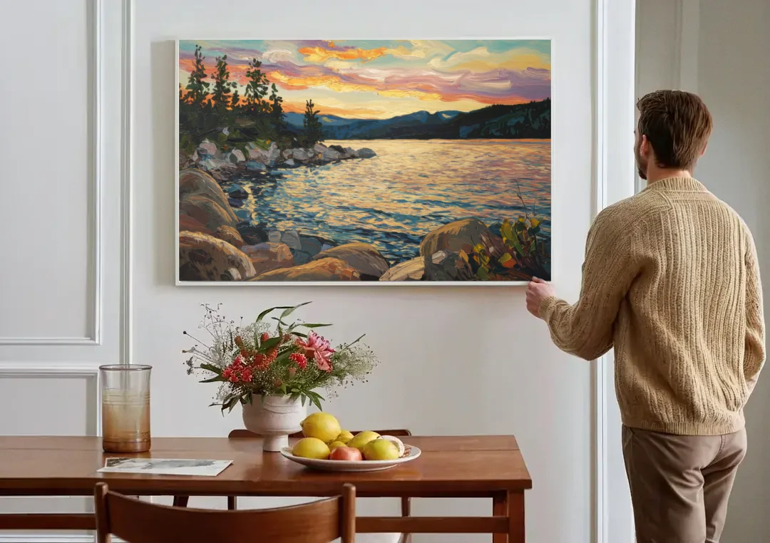 Lake Tahoe Sunset Reflections Serenity canvas wall art above a dining table