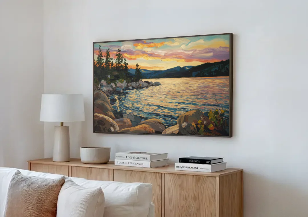Lake Tahoe Sunset Reflections Serenity canvas wall art above a wooden sideboard next to a sofa