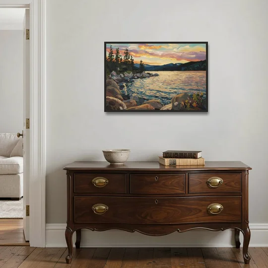 Lake Tahoe Sunset Reflections Serenity - Black Framed Canvas Wall Art - Coffee Table - 36x24
