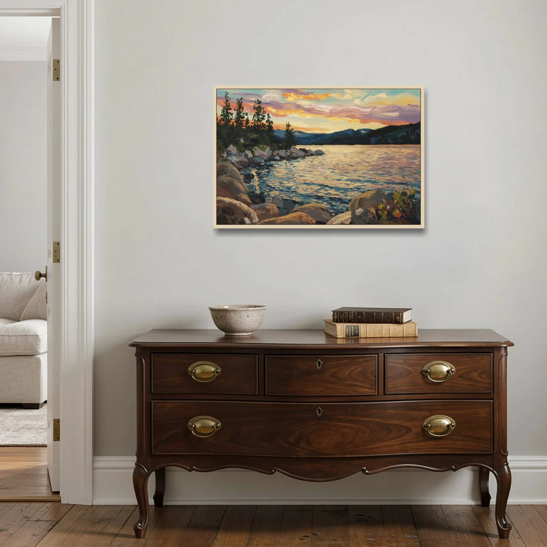 Lake Tahoe Sunset Reflections Serenity - Oak Framed Canvas Wall Art - Coffee Table - 36x24