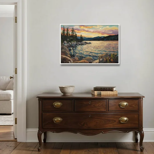 Lake Tahoe Sunset Reflections Serenity - White Framed Canvas Wall Art - Coffee Table - 36x24
