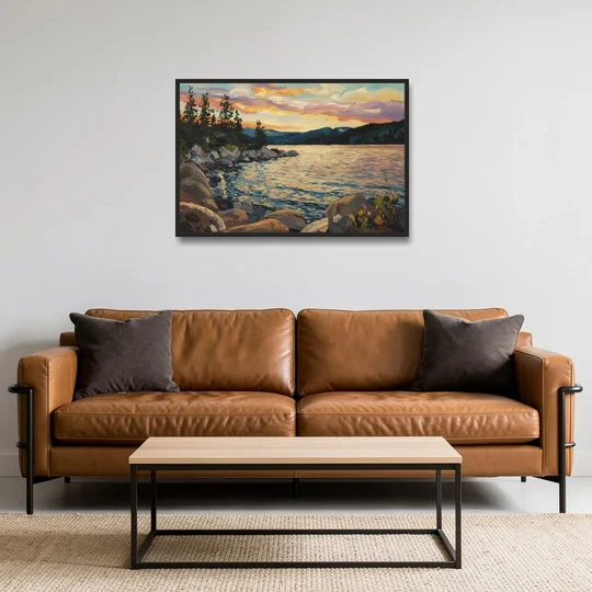 Lake Tahoe Sunset Reflections Serenity - Black Framed Canvas Wall Art - Sofa - 36x24