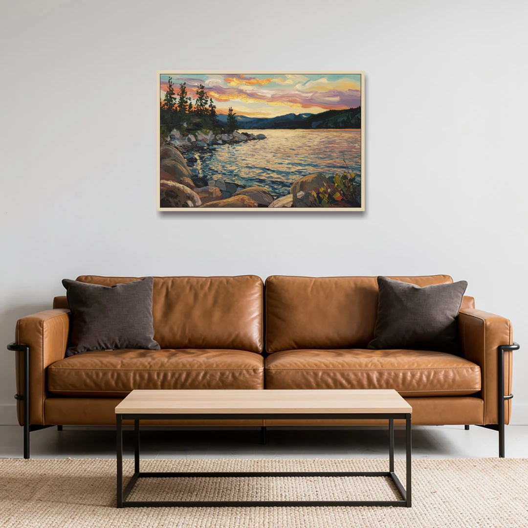 Lake Tahoe Sunset Reflections Serenity - Oak Framed Canvas Wall Art - Sofa - 36x24