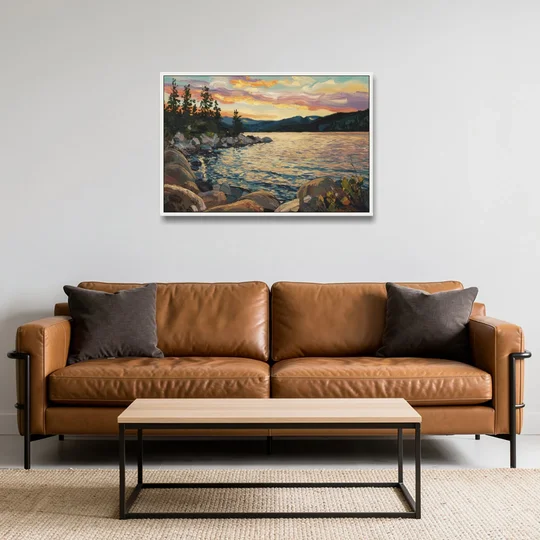 Lake Tahoe Sunset Reflections Serenity - White Framed Canvas Wall Art - Sofa - 36x24