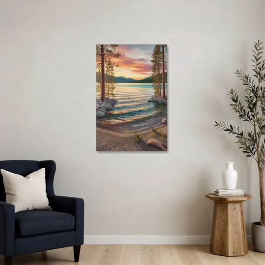 Lake Tahoe Tranquil Shoreline - Canvas Wall Art - Sofa - 24x36