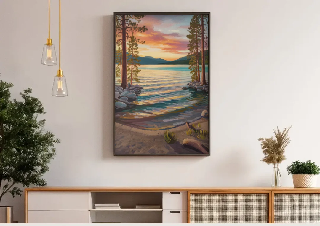Lake Tahoe Tranquil Shoreline canvas wall art above a wooden sideboard under pendant lights