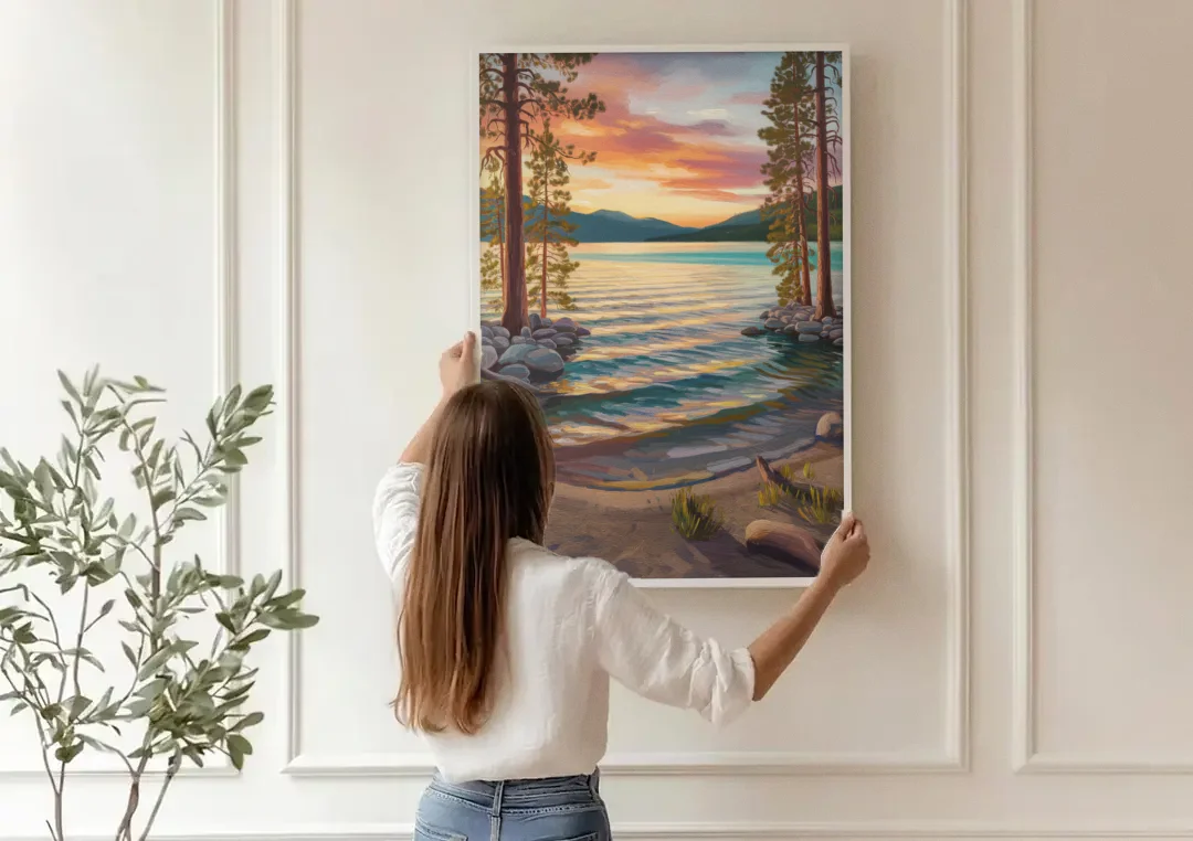 Lake Tahoe Tranquil Shoreline canvas wall art being hung on a paneled wall