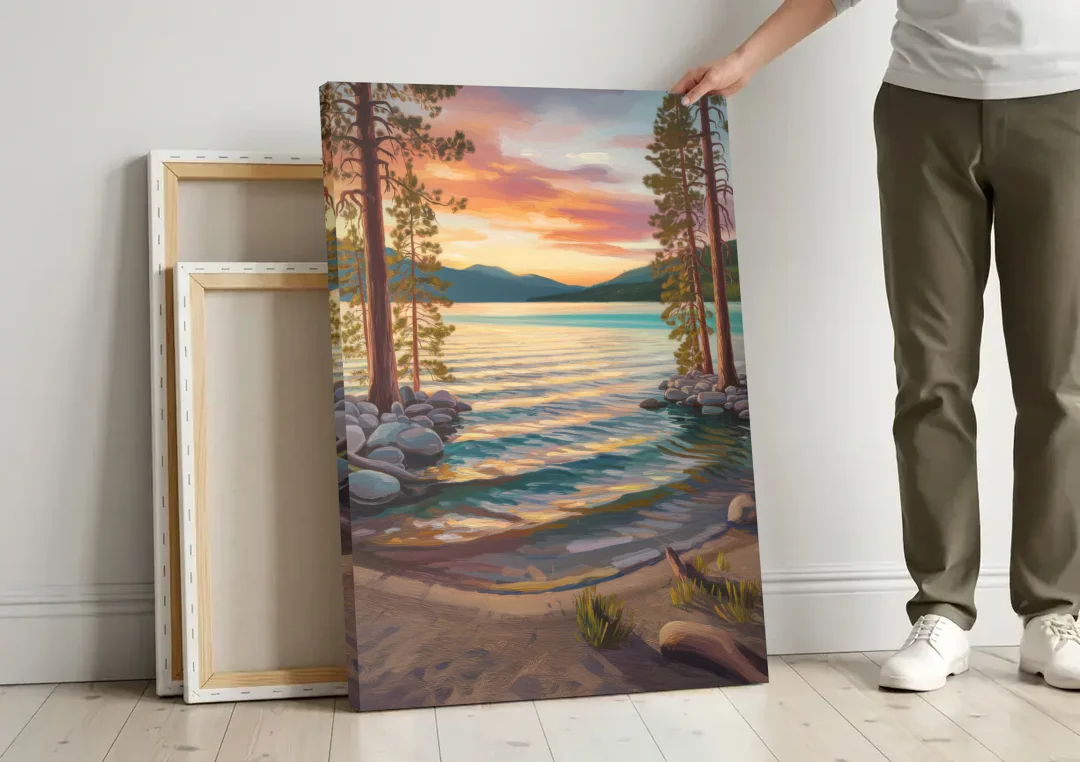 Lake Tahoe Tranquil Shoreline canvas wall art leaning against a wall next to blank canvases