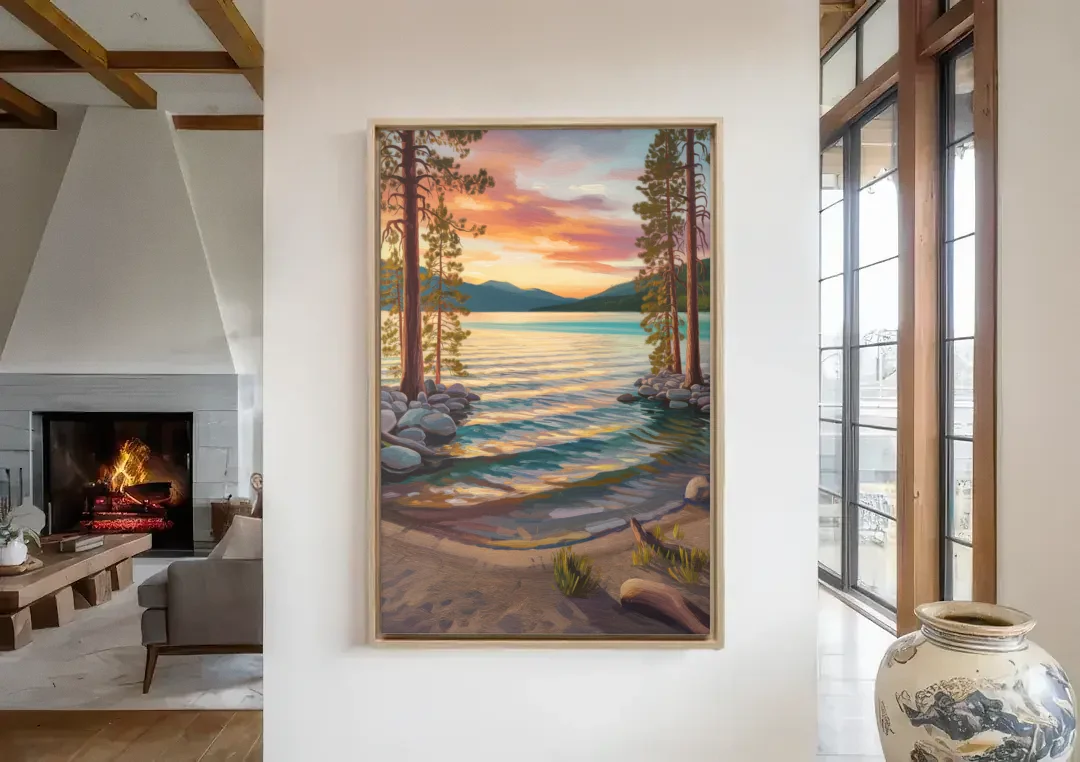 Lake Tahoe Tranquil Shoreline canvas wall art in a living room with a fireplace