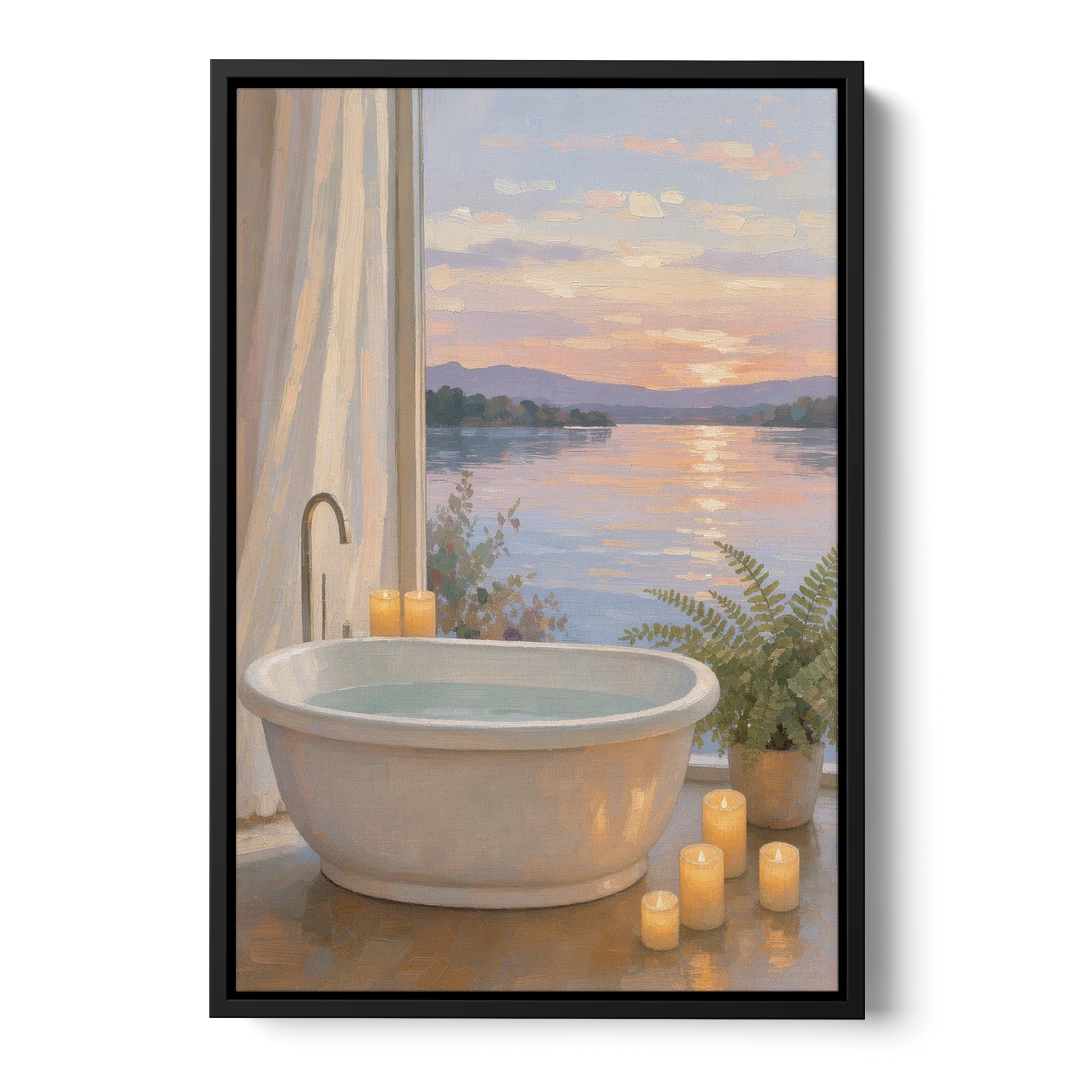 Lakeside Candlelit Soak for the Spa Bathroom - Black Framed Canvas Wall Art - Front