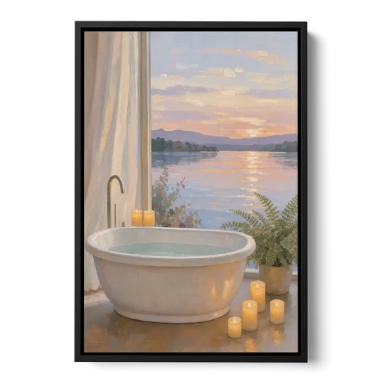 Lakeside Candlelit Soak for the Spa Bathroom - Black Framed Canvas Wall Art - Front