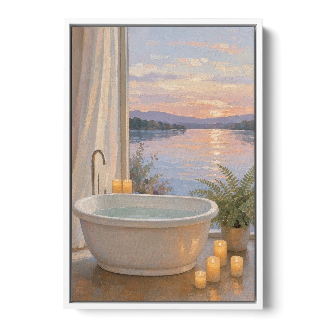 Lakeside Candlelit Soak for the Spa Bathroom - White Framed Canvas Wall Art - Front